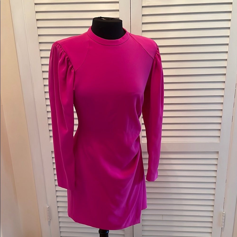 ALC Pink Sheath Dress with Mock Neck and Long Bishop Sleeves